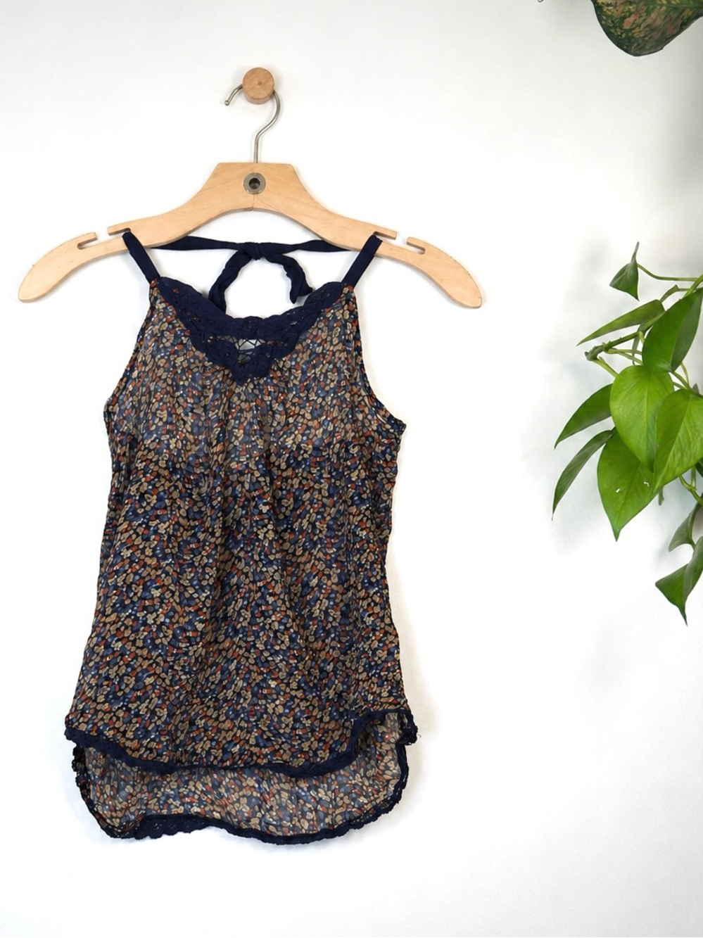 Vintage Y2K Vanilla Star Navy Floral Chiffon Halter Tank Top Small Lace